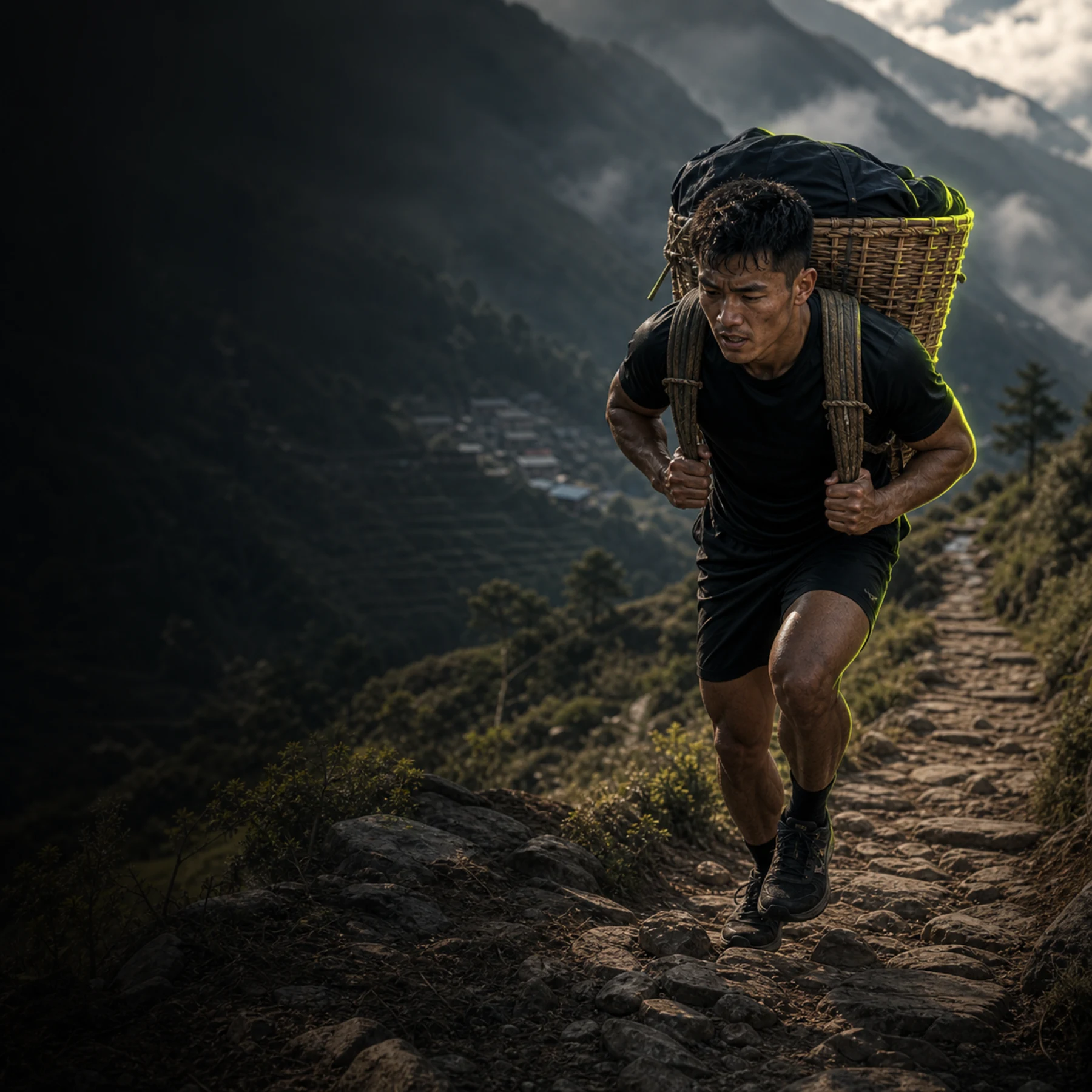 Gurkha athlete carrying a doko basket on a Himalayan trail